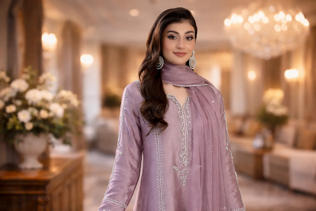 Formal Dresses for Women in Pakistan | Lavender Mist Hand-Embroidered Suit & More
