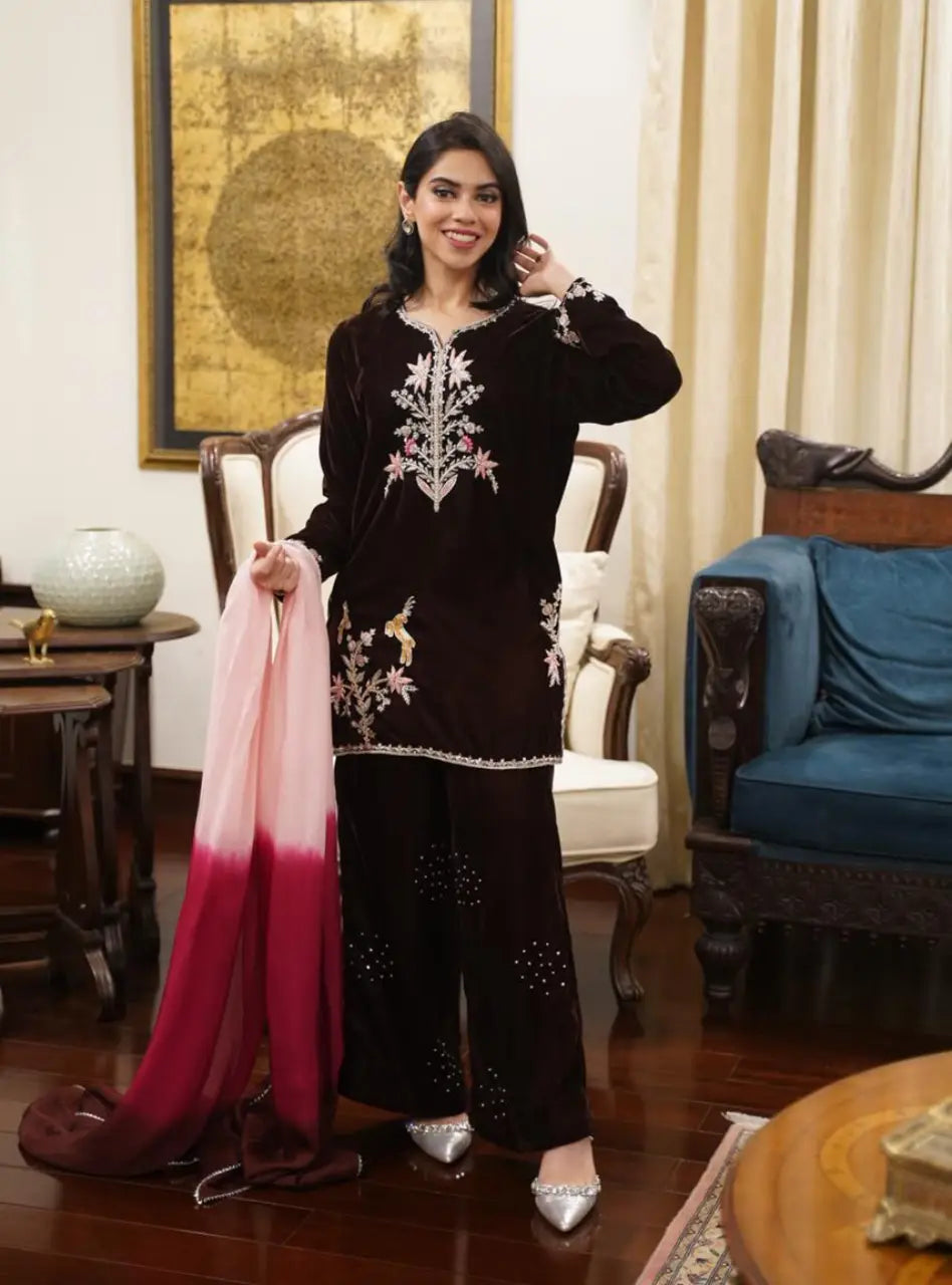 Brown Velvet Suit With Ombré Dupatta