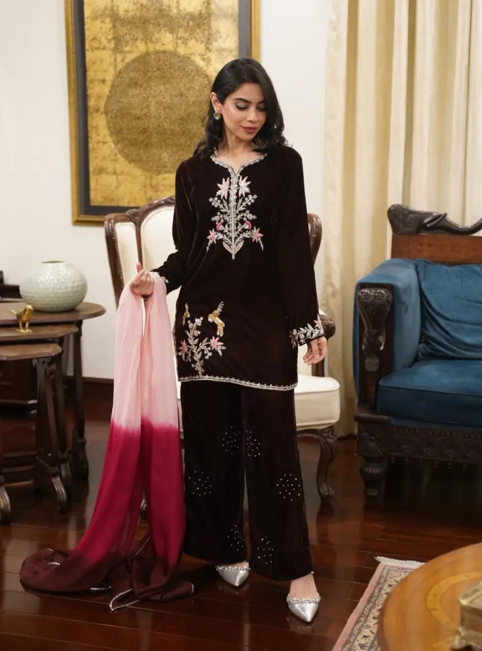 Brown Velvet Suit With Ombré Dupatta